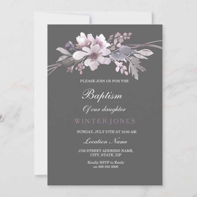 Vackert Blommigt  Baptism-inbjudan till Winter Grå Inbjudningar (Framsida)