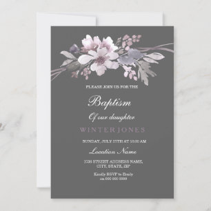 Vackert Blommigt Baptism-inbjudan till Winter Grå Inbjudningar