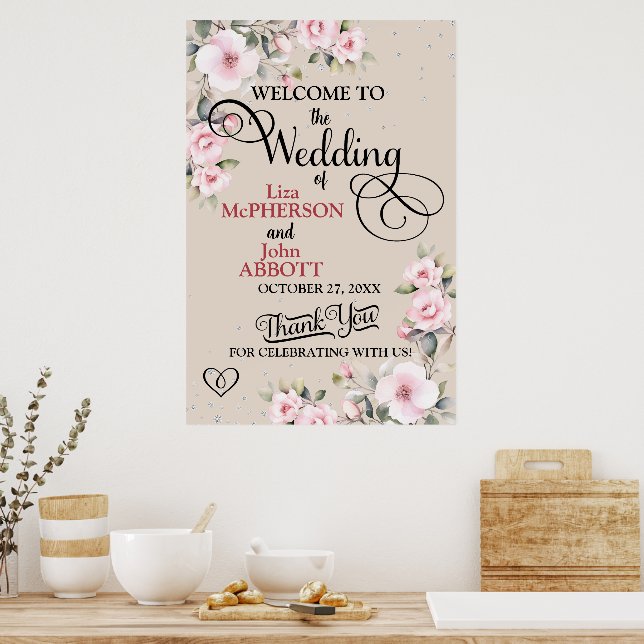 Vackert blommigt välkomstskylt för bröllop poster (Kök)