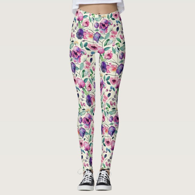 Vackert Blommönster för Lila och Rosa Leggings (Framsida)