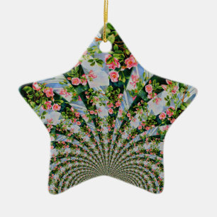 Vackert boho-rosa, röd ros, vattenfärgad blommigt julgransprydnad keramik