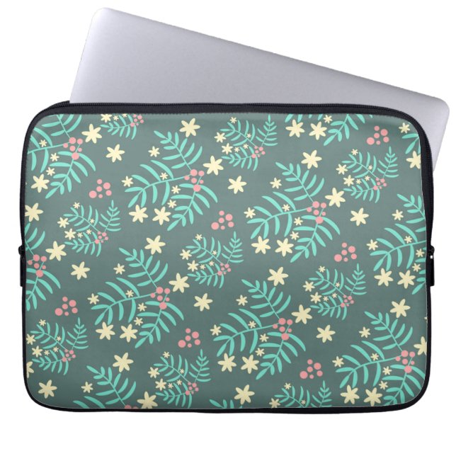Vackert botaniskt blad- och bärmönster i blått laptop fodral (Framsidan)