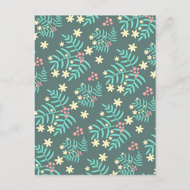 Vackert botaniskt blad- och bärmönster i blått vykort (Framsida)