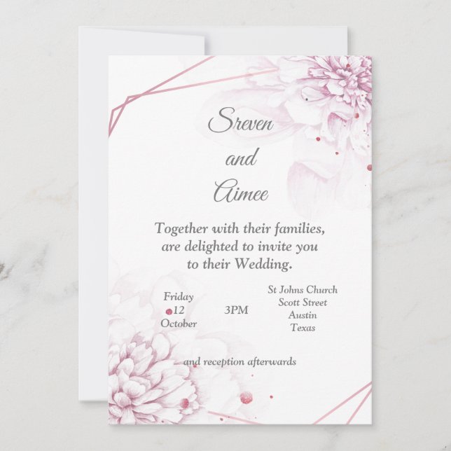 Vackert bröllop, rosa blommar inbjudningar (Framsida)