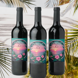 Vackert Bröllop Tropiskt blomning Sunset Wand Vinflaska Etikett