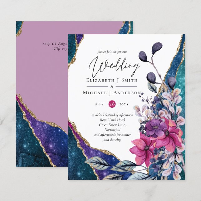 Vackert BUDGET Violet Blue Blommigt Agate Bröllop (Fram/baksida)