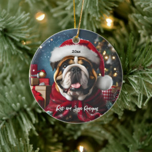 Vackert Bulldog med Santa Hat Julgransprydnad Keramik