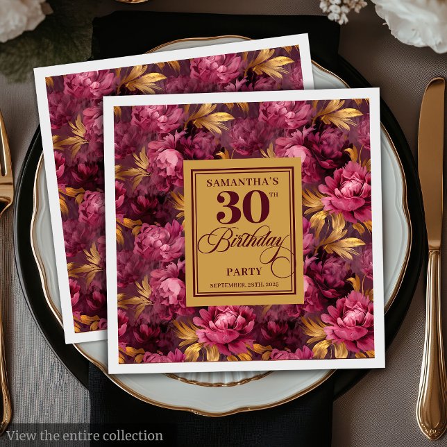 Vackert  Burgundy Guld 30års födelsedag Party Pappersservett (Beautiful Blush Burgundy Gold 30th Birthday Party Napkins )
