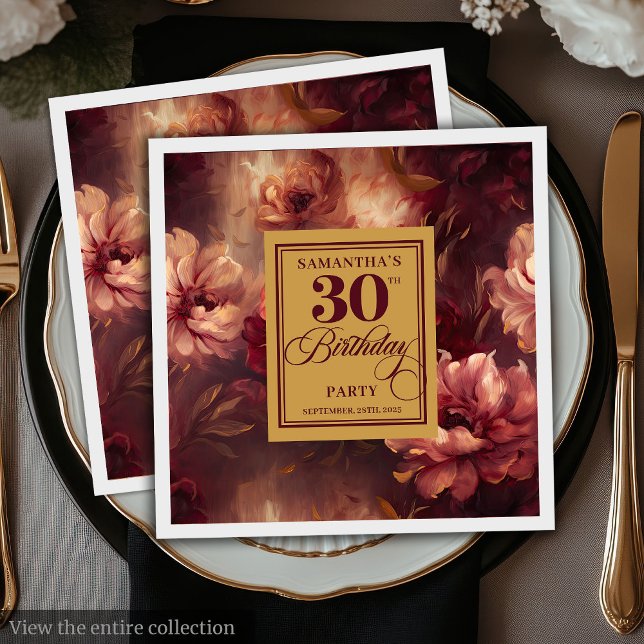 Vackert Burgundy  Guld Watercolor 30:e Pappersservett (Beautiful Burgundy Blush Gold Watercolor 30th Birthday)