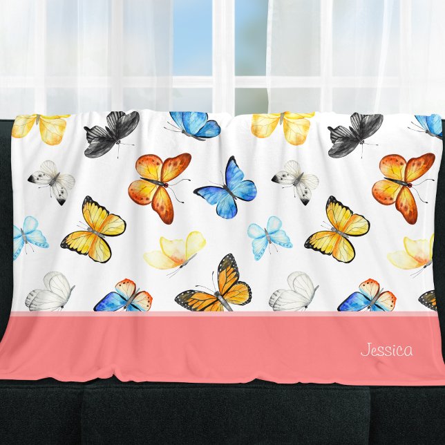 Vackert Butterfly Mönster med Namn Rosa Fleecefilt (Skapare uppladdad)