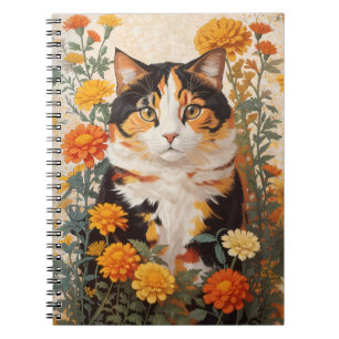 Vackert Calicokatt med Marigold Flowers Anteckningsbok