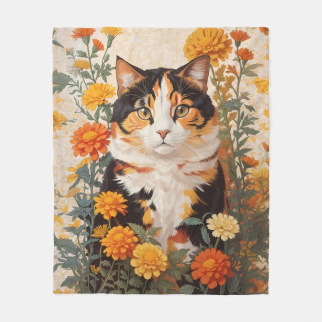 Vackert Calicokatt med Marigold Flowers Fleecefilt (Framsidan)