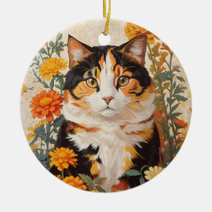 Vackert Calicokatt med Marigold Flowers Julgransprydnad Keramik