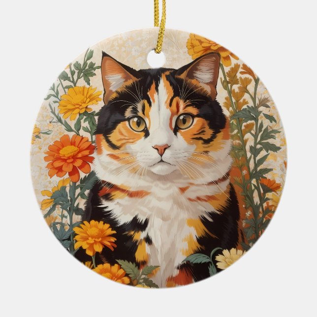 Vackert Calicokatt med Marigold Flowers Julgransprydnad Keramik (Framsidan)