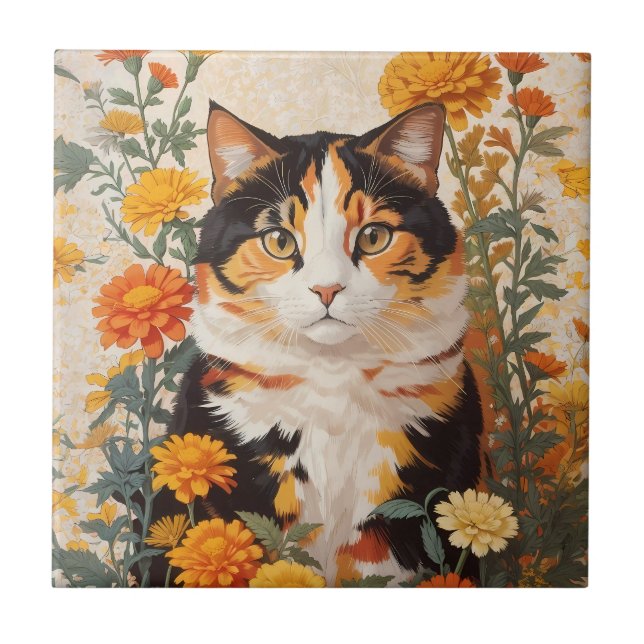 Vackert Calicokatt med Marigold Flowers Kakelplatta (Framsidan)