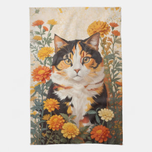 Vackert Calicokatt med Marigold Flowers Kökshandduk