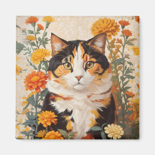 Vackert Calicokatt med Marigold Flowers Magnet
