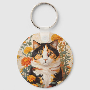 Vackert Calicokatt med Marigold Flowers Nyckelring