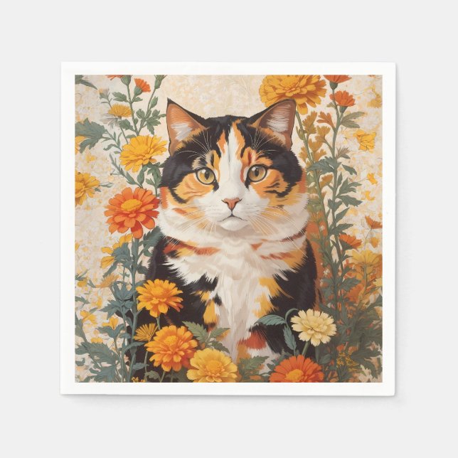 Vackert Calicokatt med Marigold Flowers Pappersservett (Framsidan)