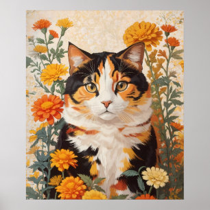 Vackert Calicokatt med Marigold Flowers Poster