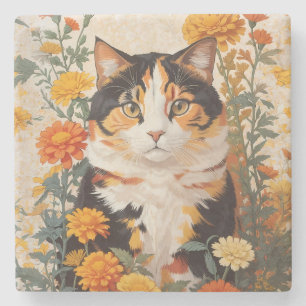 Vackert Calicokatt med Marigold Flowers Stenunderlägg
