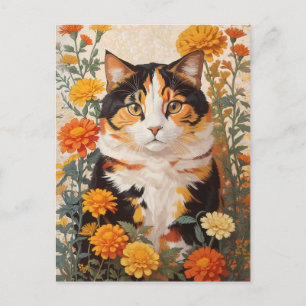 Vackert Calicokatt med Marigold Flowers Vykort