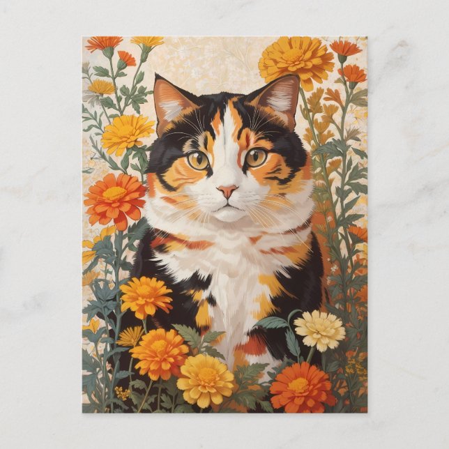 Vackert Calicokatt med Marigold Flowers Vykort (Framsida)