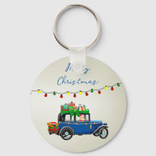 Vackert, Christms Blue Car med julklapp och gåvor Nyckelring