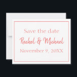 Vackert Coral och Vit Spara datumet<br><div class="desc">Den här designen är ett vackert datumkort och ger en vit bakgrund med ett rosa korallteckensnitt. Spara datumet för bröllop med dessa vackra inbjudningar. Anpassa din i dag!</div>