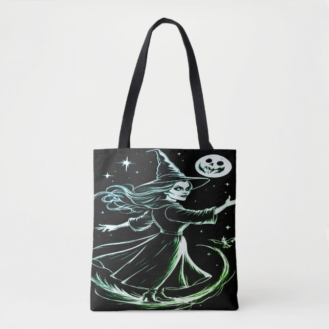 Vackert Cute, modern Grönt Witch Tote Bag Tygkasse (Framsida)