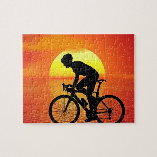 Vackert cycle Silhouette Sunset Scene Colorful Pussel (Horisontell)