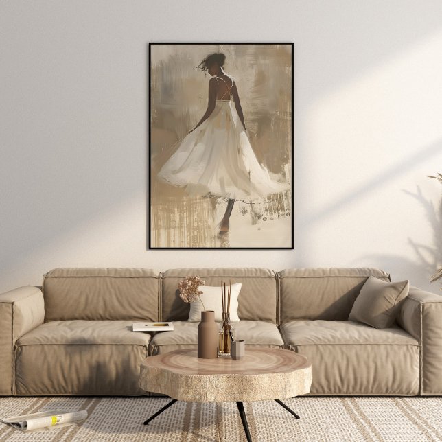Vackert Dam i Vita Dress Aesthetic Wall Art Poster (Beautiful Lady in White Dress Aesthetic Wall Art in a beautiful beige neutral boho luxe living room.)