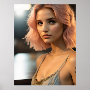 Vackert Dam med Pastel Rosa Hair Poster
