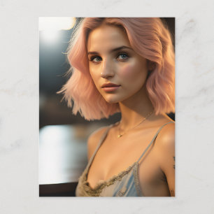 Vackert Dam med Pastel Rosa Hair Vykort