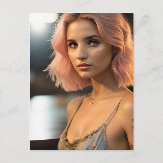 Vackert Dam med Pastel Rosa Hair Vykort (Framsida)