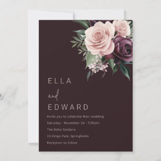 Vackert Deep Burgundy & Dusty Ro Bröllop Inbjudningar