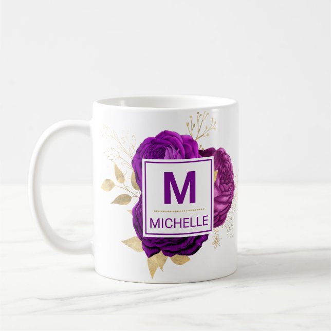 Vackert djupt Lila och Guld Flowers Monogram Kaffemugg (Vänster)