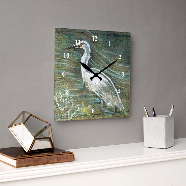 Vackert Egret Shorebird Wading in Vatten Art Fyrkantig Klocka (Egret shorebird wall clock from Jenn's Emporium. )