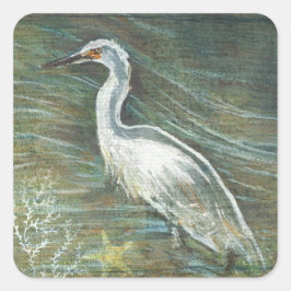 Vackert Egret Shorebird Wading in Vatten Art Fyrkantigt Klistermärke