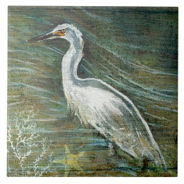Vackert Egret Shorebird Wading in Vatten Art Kakelplatta