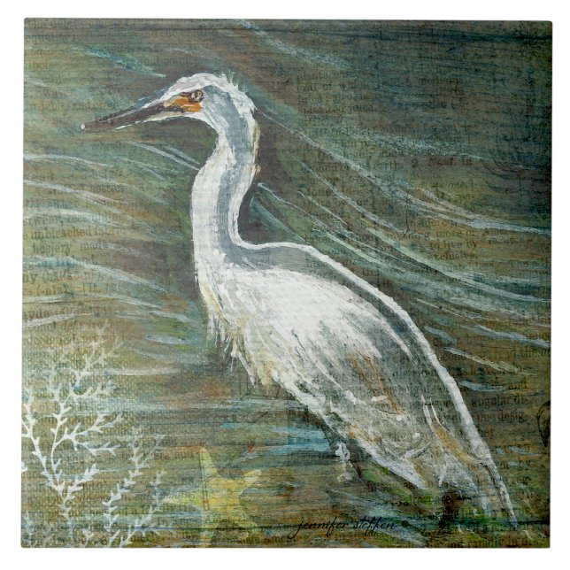 Vackert Egret Shorebird Wading in Vatten Art Kakelplatta (Gorgeous Egret Shorebird Wading Water ceramic tile from Jenn's Emporium.)