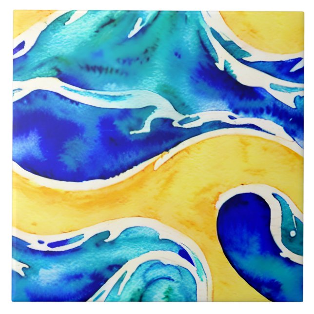 Vackert färg hand plockade, havsblått och vitt kakelplatta (Framsidan)