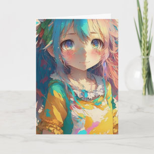 Vackert färgämne Anime Girl Birthday Kort