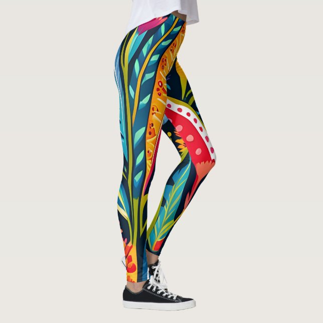 Vackert, färglös Otomi Blommigt Art mönster Leggings (Höger)