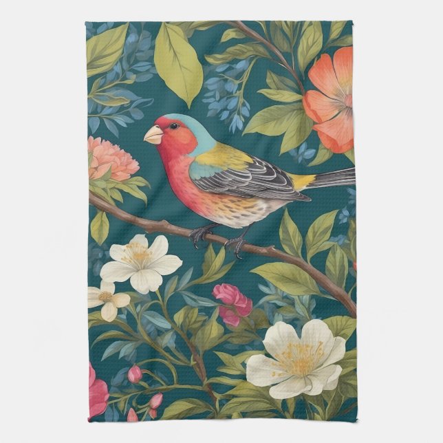 Vackert färglöst Finch Bird Botanical Kökshandduk (Vertikal)