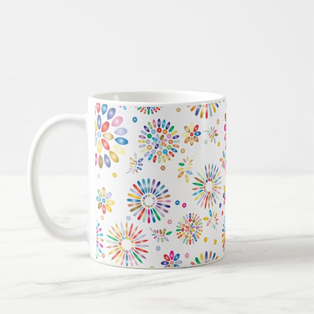 Vackert Färgrik Blommor Cirklar Mönster på Vitt Kaffemugg (Vänster)
