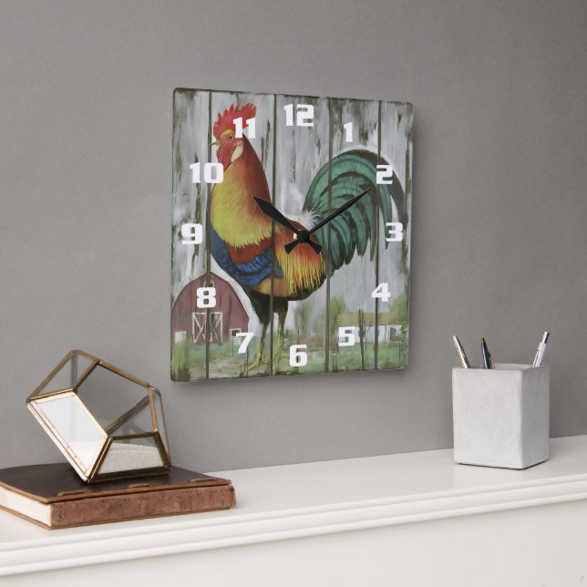 Vackert Farm house Land Tupp Wall Clock Fyrkantig Klocka (Kontor)