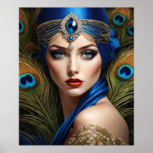 Vackert Flapper med Peacock Turban Poster