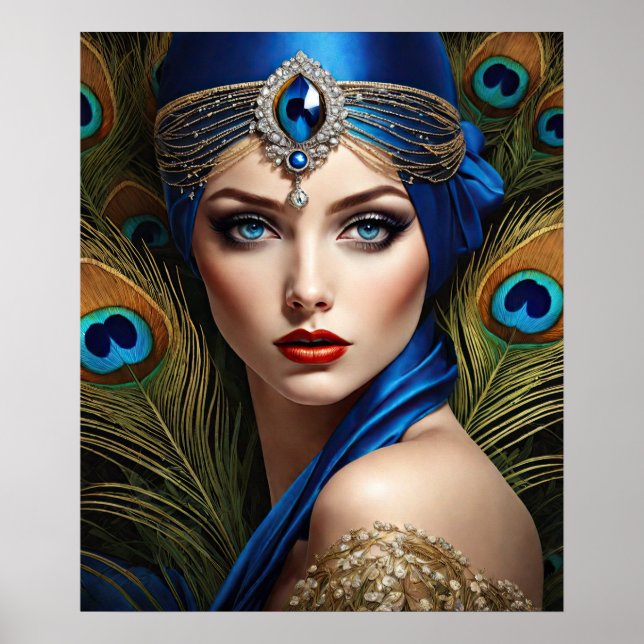 Vackert Flapper med Peacock Turban Poster (Framsidan)