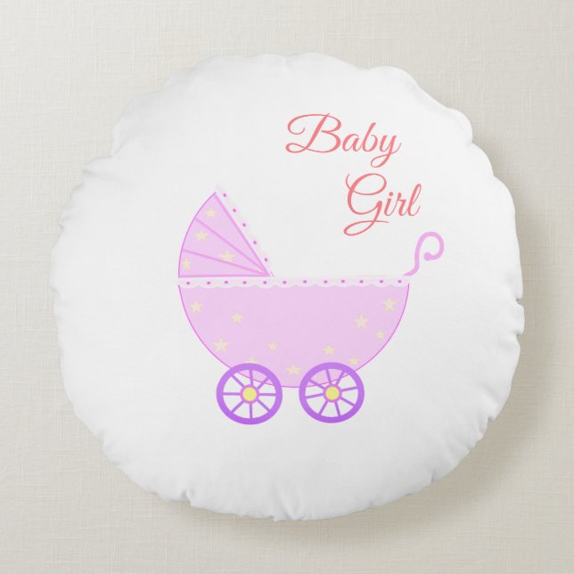 Vackert Flicka Barnvagn på White Rund Kudde (Framsidan)
